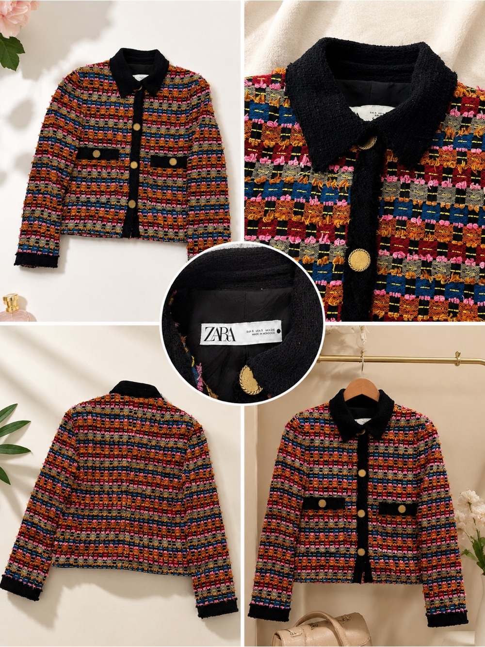 ZARA Black-Trim Multicolor Tweed Cropped Jacket